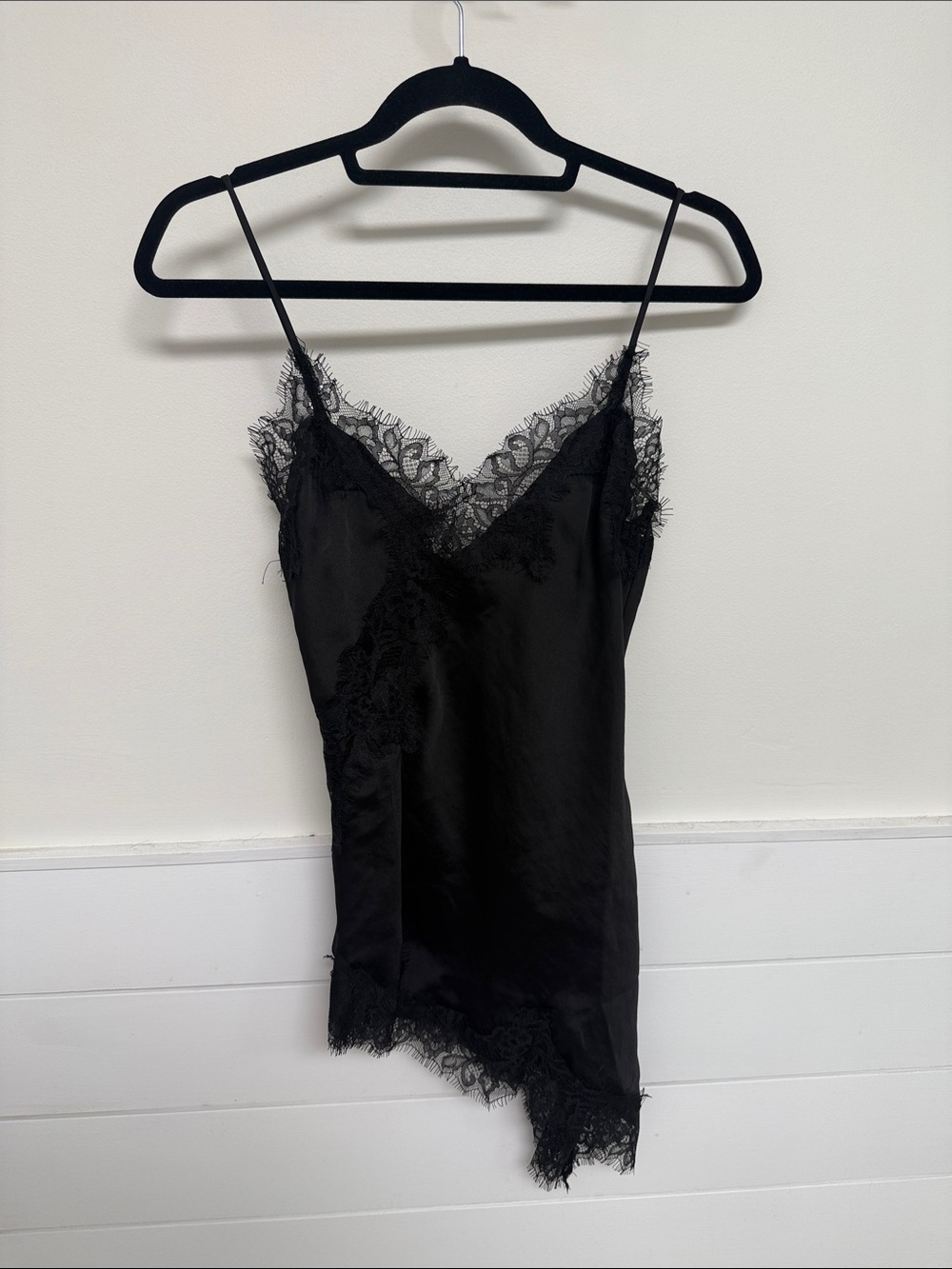 Black Lace Trim Satin Camisole Slip
